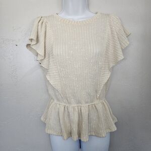 Daytrip Women's Small Beige White Striped Short Sleeve Sweater Shirt Blouse Top